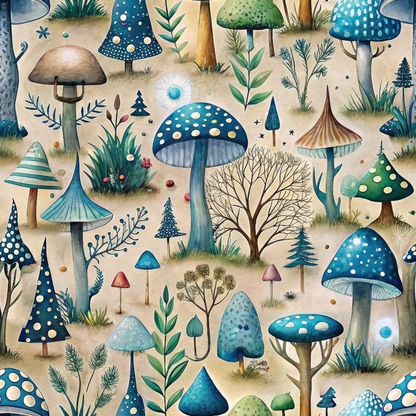 - Mushroom Fairyland Pattern 11 Quilting Cotton Fabric  
- Mushrooms, fungi, toadstools  
- Blue, green, beige, brown, cream  
- Botanical, nature, woodland  
- Leaves, plants, branches  
- Fairy tale, whimsical, fantasy  
- Cotton textile, soft, sewing  
- Quilting material, yardage, fabric
