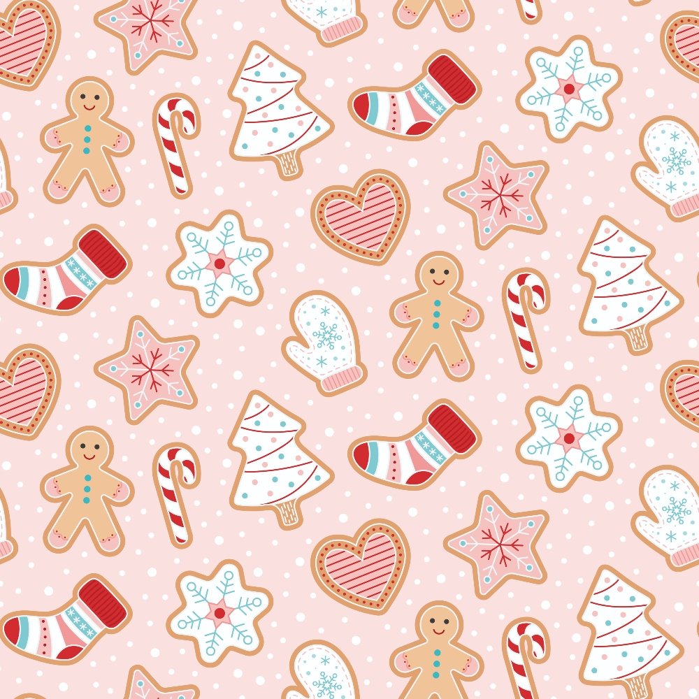 - Christmas Treats Candy Pattern 6 Quilting Cotton Fabric - holiday fabric - Christmas motifs - gingerbread men - candy canes - Christmas trees - mittens - stars - hearts - snowflakes - pastel colors - red accents - blue details - festive design - quilting fabric - cotton textile - seasonal print - winter theme - craft fabric - soft background