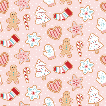 - Christmas Treats Candy Pattern 6 Quilting Cotton Fabric - holiday fabric - Christmas motifs - gingerbread men - candy canes - Christmas trees - mittens - stars - hearts - snowflakes - pastel colors - red accents - blue details - festive design - quilting fabric - cotton textile - seasonal print - winter theme - craft fabric - soft background