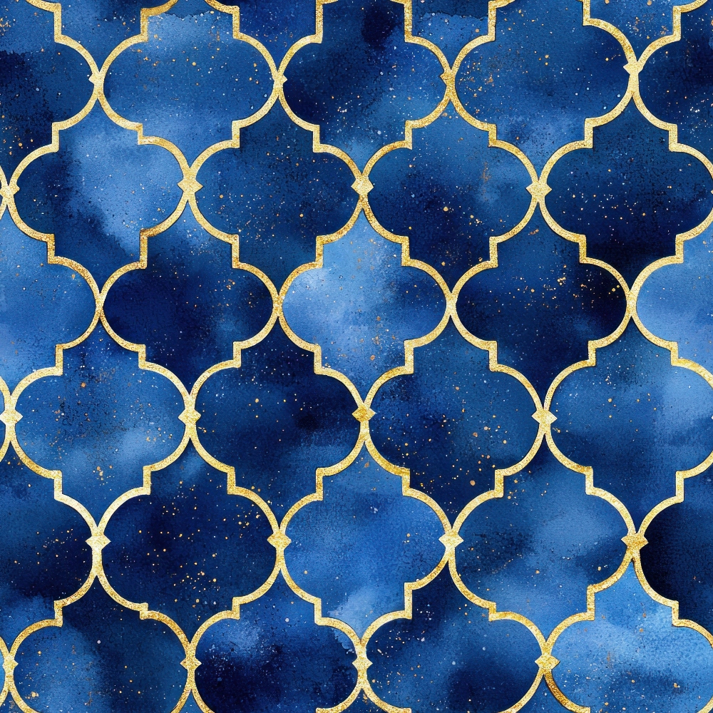 - Arabian Midnight Pattern 9 Quilting Cotton Fabric  
- Blue fabric  
- Gold geometric pattern  
- Quilting material  
- Soft cotton textile  
- Elegant repeating design  
- Premium quilting fabric  
- Deep navy and lighter blue shades  
- Decorative textile for sewing projects