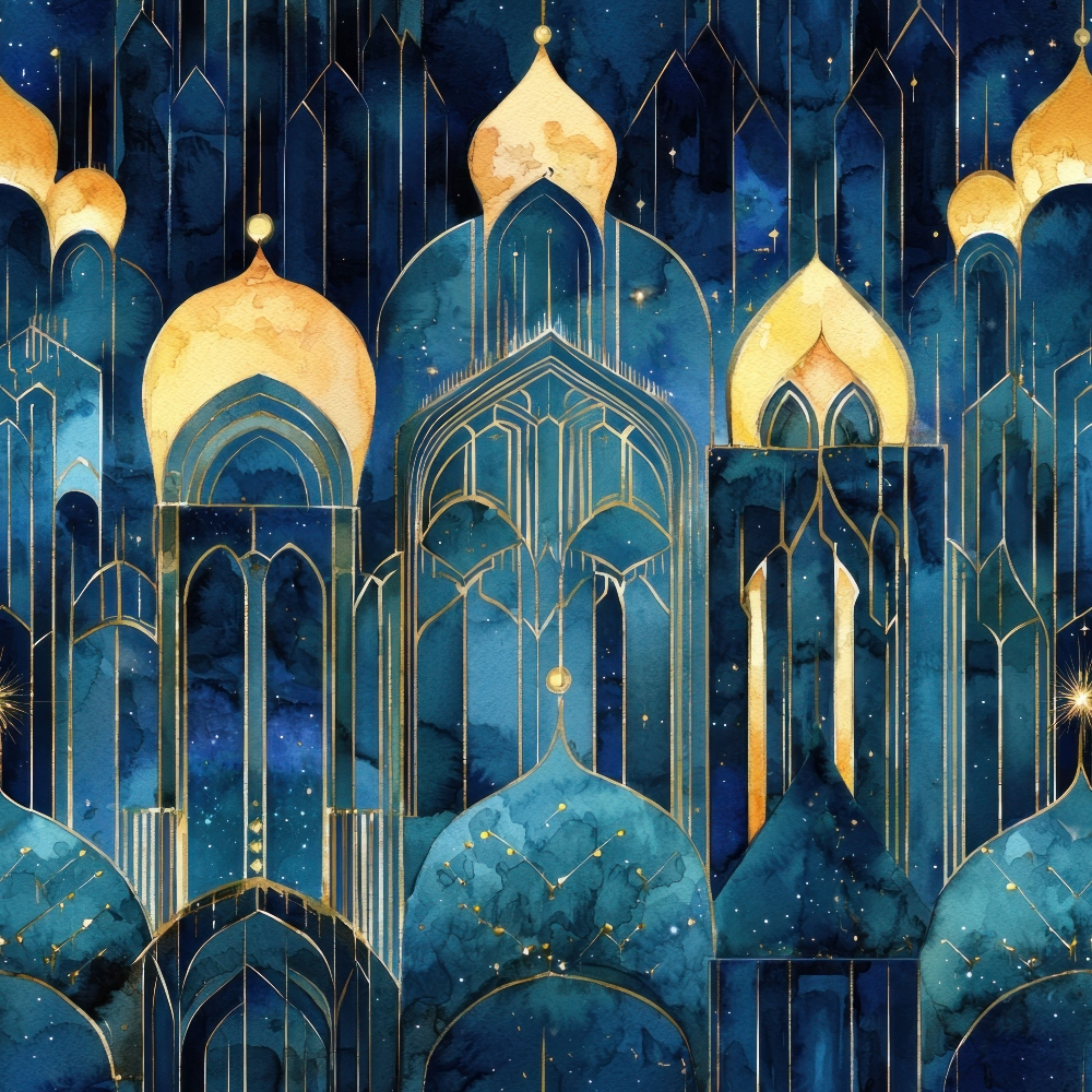 Arabian Midnight Pattern 10 Quilting Cotton Fabric with navy blue, gold, midnight blue, architectural design, intricate, ornamental, textured, elegant, traditional, fabric textile, quilting material, cotton textile, decorative fabric, rich color scheme, detailed pattern, luxurious fabric.