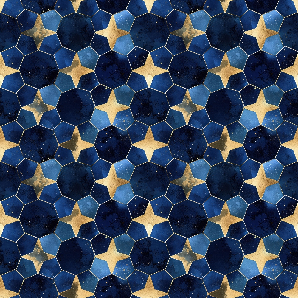 - Arabian Midnight Pattern 12 Quilting Cotton Fabric  
- Blue shades, navy, royal, midnight  
- Star shapes, geometric, mosaic design  
- Gold accents, metallic tones, celestial motif  
- Quilting, cotton, textile, fabric yardage  
- Soft texture, premium quality, printed design