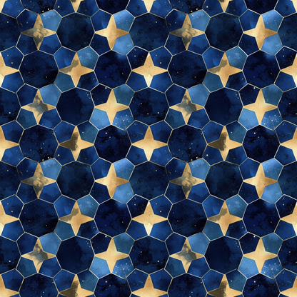 - Arabian Midnight Pattern 12 Quilting Cotton Fabric  
- Blue shades, navy, royal, midnight  
- Star shapes, geometric, mosaic design  
- Gold accents, metallic tones, celestial motif  
- Quilting, cotton, textile, fabric yardage  
- Soft texture, premium quality, printed design