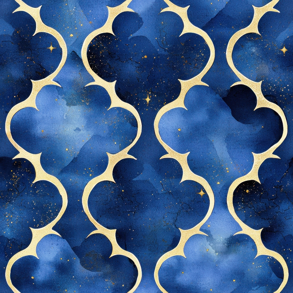 Arabian Midnight Pattern 13 Quilting Cotton Fabric featuring navy blue and gold Moroccan-inspired geometric design, cotton textile, quilting material, deep blue fabric with ornamental lattice shapes, premium quilting cotton fabric.