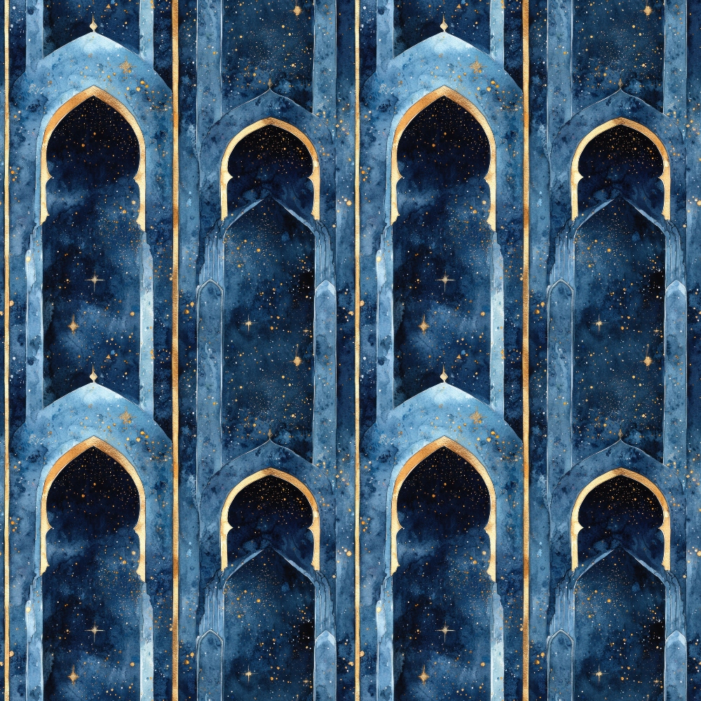 Arabian Midnight Pattern 15 Quilting Cotton Fabric featuring navy blue, gold, starry night, architectural arches, celestial design, traditional style, premium cotton fabric, quilting textile, night sky motif.