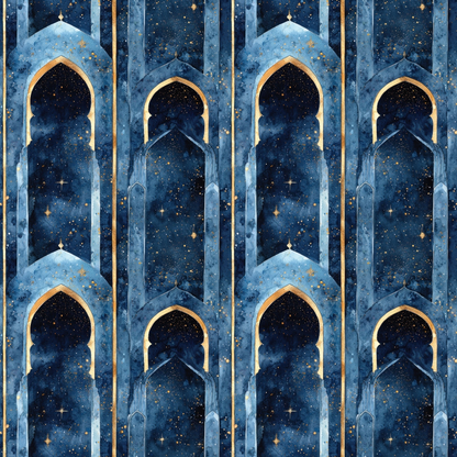 Arabian Midnight Pattern 15 Quilting Cotton Fabric featuring navy blue, gold, starry night, architectural arches, celestial design, traditional style, premium cotton fabric, quilting textile, night sky motif.