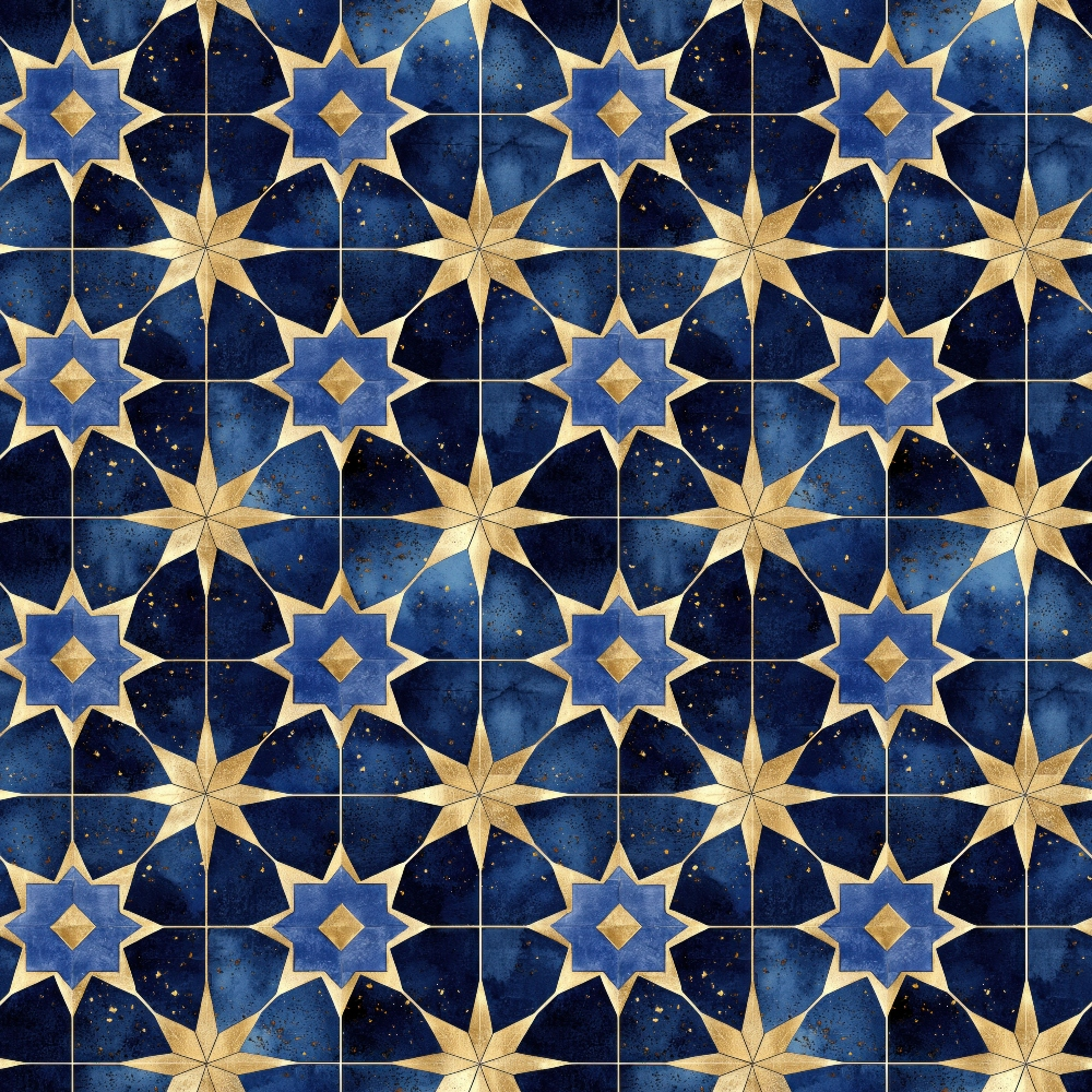 Arabian Midnight Pattern 17 Quilting Cotton Fabric, textile, cotton material, quilting textile, dark blue, navy, gold accents, geometric design, star shapes, mosaic pattern, traditional, ornamental, fabric square, decorative cloth, handcrafted style, premium quality cotton fabric, sewing material, craft fabric.