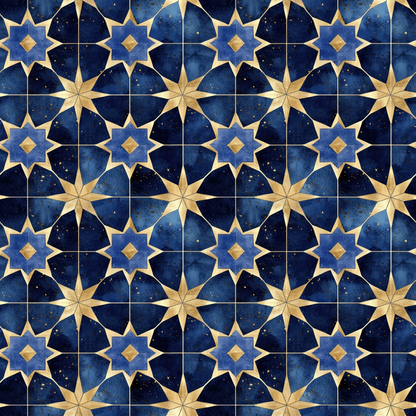 Arabian Midnight Pattern 17 Quilting Cotton Fabric, textile, cotton material, quilting textile, dark blue, navy, gold accents, geometric design, star shapes, mosaic pattern, traditional, ornamental, fabric square, decorative cloth, handcrafted style, premium quality cotton fabric, sewing material, craft fabric.