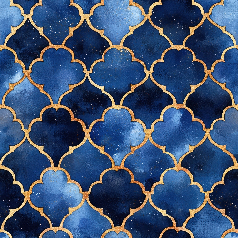 - Arabian Midnight Pattern 18 Quilting Cotton Fabric  
- deep blue tones  
- gold geometric lattice  
- floral-inspired quatrefoil design  
- rich navy and cobalt shades  
- elegant textured textile  
- cotton material  
- premium quilting textile  
- traditional ornamental motif