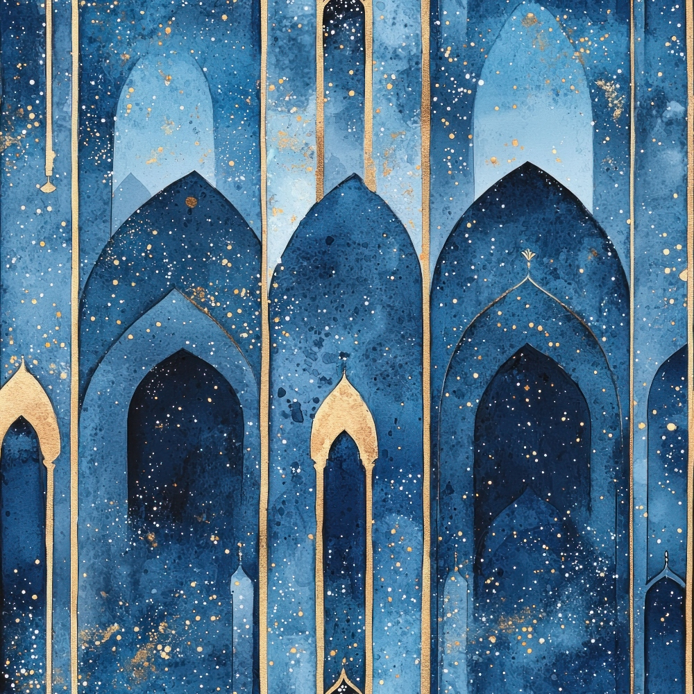 Arabian Midnight Pattern 21 Quilting Cotton Fabric with deep blue and gold tones, featuring intricate arch motifs, starry night sky design, textile, cotton material, quilting textile, traditional Middle Eastern inspired print, premium quilting cotton, elegant fabric for crafts and quilting projects.