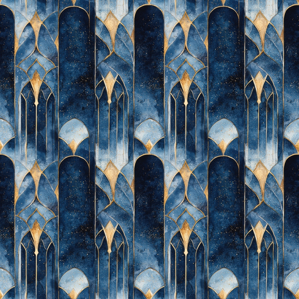 Arabian Midnight Pattern 25 Quilting Cotton Fabric, quilting cotton, fabric, navy blue, gold accents, geometric arches, elegant design, textile, premium cotton, traditional style, deep blue shades, gold highlights, sophisticated pattern, decorative fabric, soft texture, textile material, quilting fabric, ornamental design, classic textile pattern.