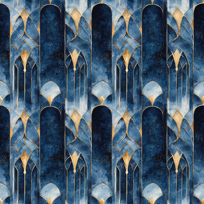 Arabian Midnight Pattern 25 Quilting Cotton Fabric, quilting cotton, fabric, navy blue, gold accents, geometric arches, elegant design, textile, premium cotton, traditional style, deep blue shades, gold highlights, sophisticated pattern, decorative fabric, soft texture, textile material, quilting fabric, ornamental design, classic textile pattern.