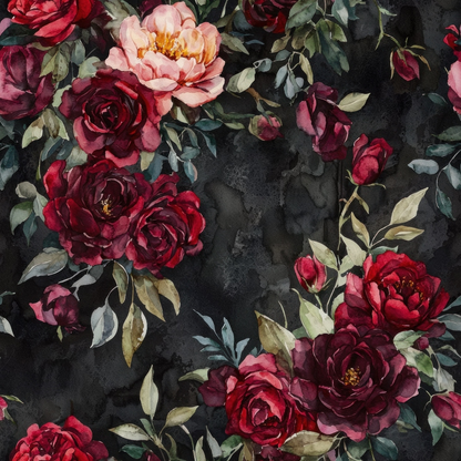 - Burgundy in October Pattern 7 Quilting Cotton Fabric  
- Burgundy roses  
- Dark floral  
- Cotton textile  
- Quilting material  
- Red flowers  
- Green leaves  
- Black background  
- Autumn colors  
- Botanical design  
- Fabric yardage