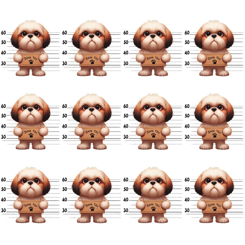- Doggie Mugshots Shih Tzu Pattern Quilting Cotton Fabric  
- Cute cartoon Shih Tzu dogs  
- White background  
- Brown, cream, black colors  
- Repeated dog illustrations  
- Horizontal measurement lines  
- Playful, whimsical design  
- Quilting fabric, cotton textile  
- Yardage fabric for sewing projects