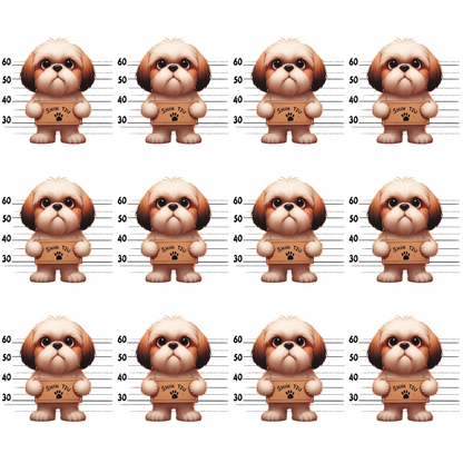 - Doggie Mugshots Shih Tzu Pattern Quilting Cotton Fabric  
- Cute cartoon Shih Tzu dogs  
- White background  
- Brown, cream, black colors  
- Repeated dog illustrations  
- Horizontal measurement lines  
- Playful, whimsical design  
- Quilting fabric, cotton textile  
- Yardage fabric for sewing projects