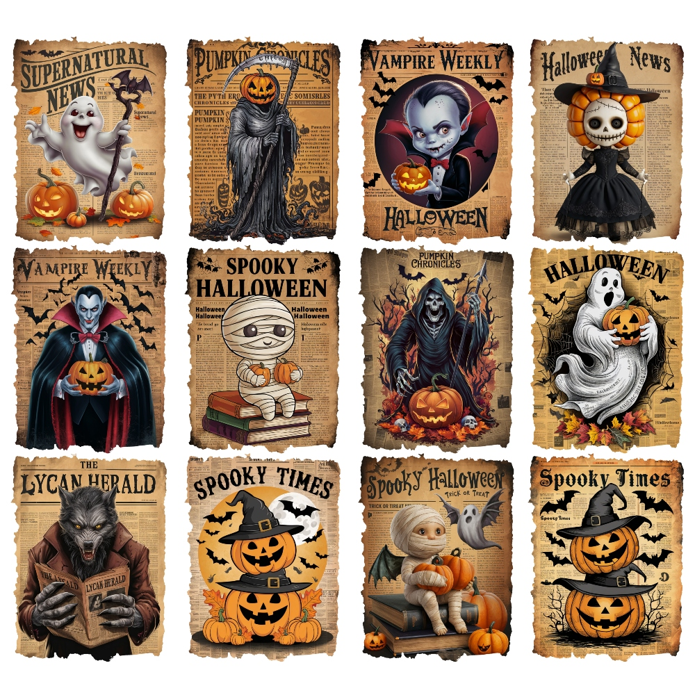 - Vintage Halloween Newspaper Quilting Cotton Fabric  
- Halloween themed  
- Newspaper print  
- Ghost, pumpkin, vampire, skeleton, werewolf, mummy characters  
- Orange, black, white, brown colors  
- Spooky, eerie, vintage style  
- Quilting cotton fabric  
- Halloween graphics  
- Seasonal craft material  
- Retro Halloween illustrations