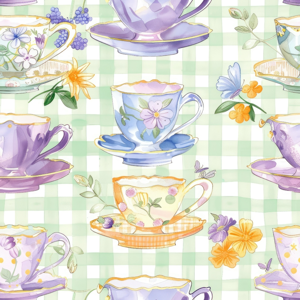 - Tea Party Gingham Pattern 11 Quilting Cotton Fabric  
- pastel green gingham background  
- watercolor teacups and saucers  
- floral designs in purple, blue, yellow, and orange  
- delicate flowers and leaves  
- vintage tea party theme  
- cotton quilting fabric  
- soft, whimsical, and charming textile