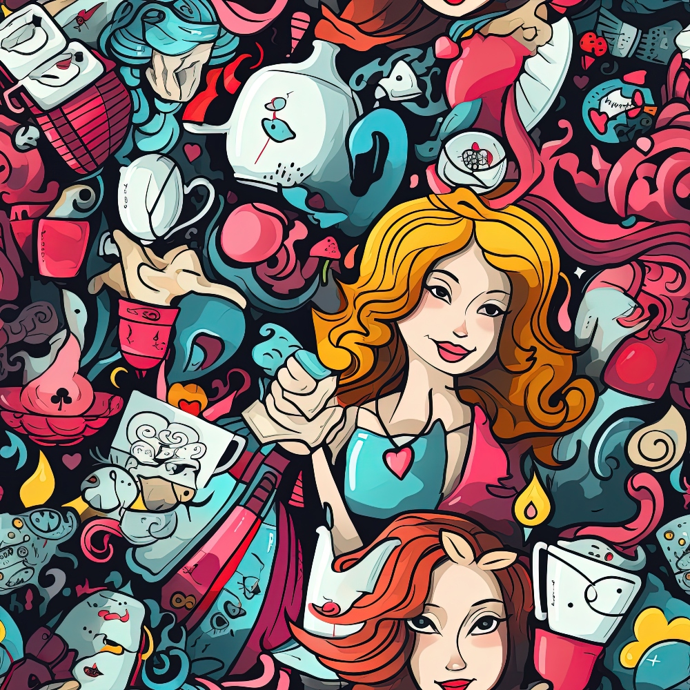 Abstract Alice in Wonderland Pattern 2 Quilting Cotton Fabric featuring cartoon-style characters, vibrant colors including red, blue, pink, yellow, and black, whimsical tea party elements, playful motifs, artistic fabric design, cotton textile with quilting theme.