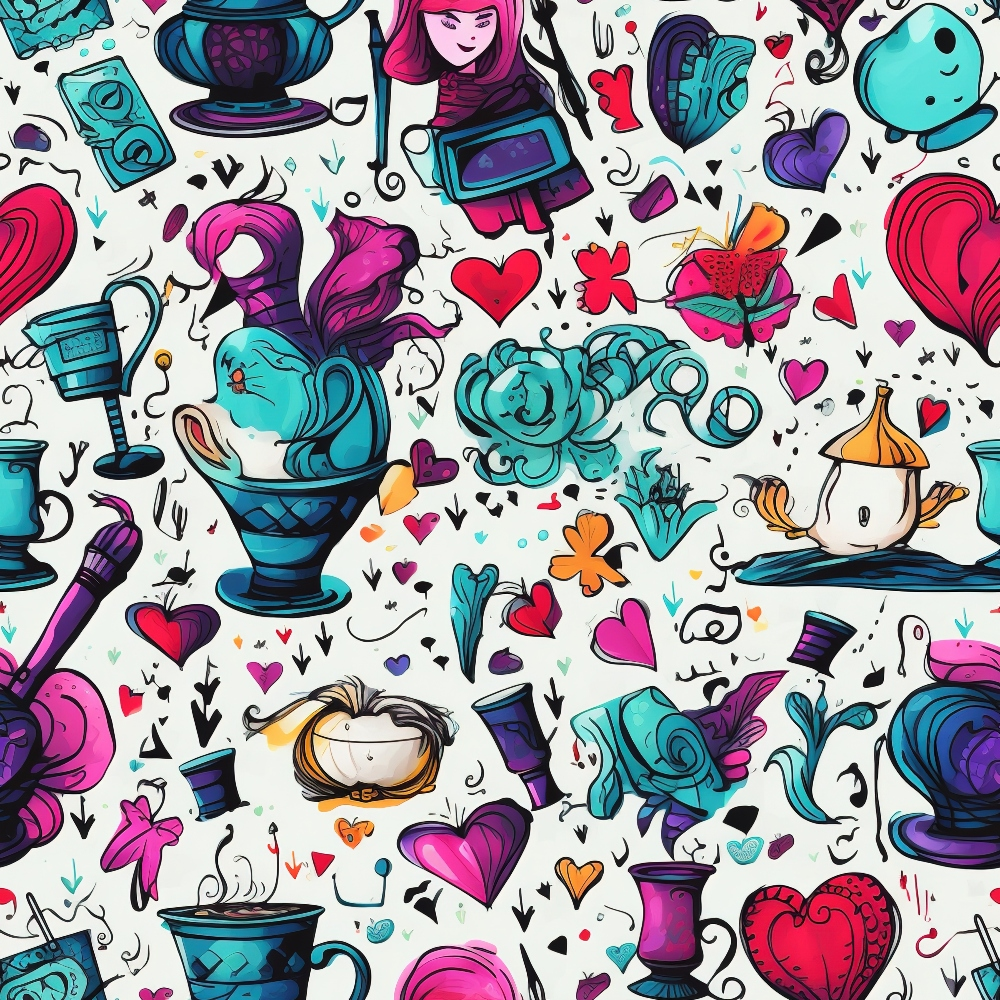 Abstract Alice in Wonderland Pattern 3 Quilting Cotton Fabric featuring whimsical illustrations, colorful hearts, teacups, roses, keys, and characters in vibrant turquoise, purple, pink, orange, and red hues, artistic floral motifs, fairytale inspired, premium quilting cotton textile.