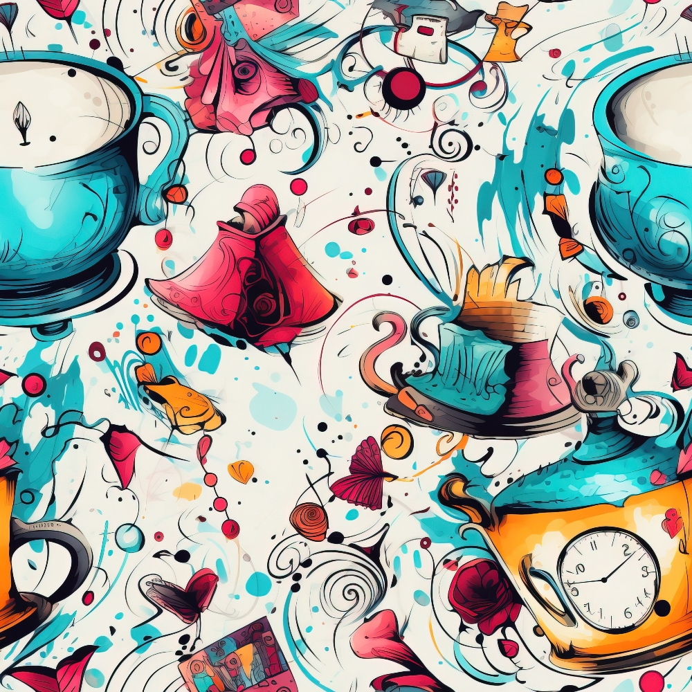Abstract Alice in Wonderland Pattern 4 Quilting Cotton Fabric featuring whimsical teacups, clocks, roses, butterflies, and swirling designs in vibrant turquoise, pink, orange, cream, and black colors, ideal for quilting, sewing, and crafting projects with colorful, artistic, and fantasy-themed cotton textile material.