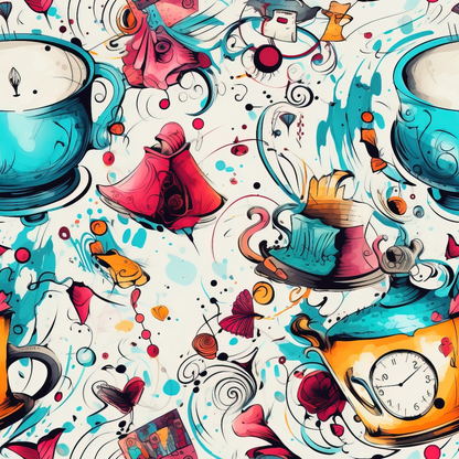 Abstract Alice in Wonderland Pattern 4 Quilting Cotton Fabric featuring whimsical teacups, clocks, roses, butterflies, and swirling designs in vibrant turquoise, pink, orange, cream, and black colors, ideal for quilting, sewing, and crafting projects with colorful, artistic, and fantasy-themed cotton textile material.