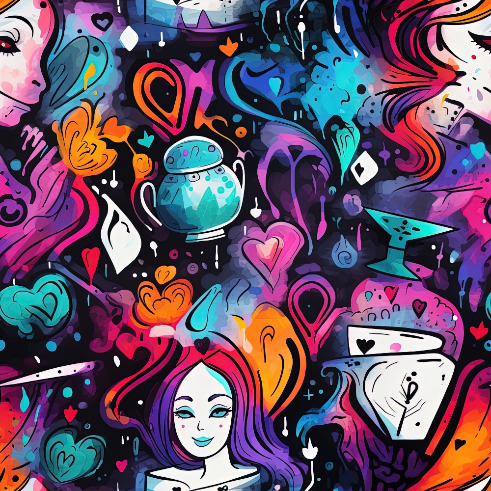 Abstract Alice in Wonderland Pattern 5 Quilting Cotton Fabric featuring vibrant colors including purple, blue, orange, and pink. Illustrations of hearts, teapots, cups, and female faces in an artistic, whimsical style. Quilting, cotton fabric with bold, colorful, fantasy-inspired design, ideal for creative textile projects.