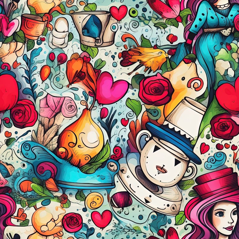 Abstract Alice in Wonderland Pattern 6 Quilting Cotton Fabric featuring vibrant colors, whimsical illustrations, teacups, hearts, roses, fish, and fantasy characters, artistic design, playful motifs, colorful, detailed, fabric suitable for quilting and sewing projects.