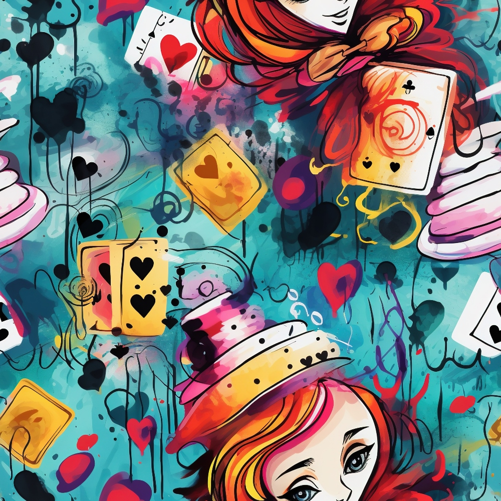 Abstract Alice in Wonderland Pattern 7 Quilting Cotton Fabric featuring colorful playing cards, whimsical faces, hat illustrations, hearts, spades, vibrant red, yellow, black, and turquoise hues, playful design, cotton quilting material, artistic, fantasy-themed textile