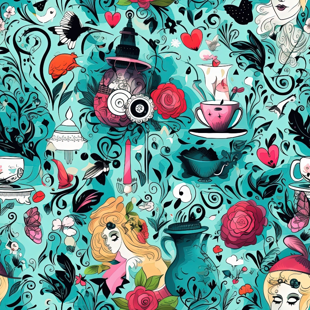 Abstract Alice in Wonderland Pattern 8 Quilting Cotton Fabric featuring whimsical illustrations, vibrant teal background, red roses, teacups, lanterns, hearts, and stylized characters. Artistic, fantasy-inspired design in quilting cotton textile, decorative fabric, colorful, detailed, imaginative print, cotton material for quilting and sewing projects.
