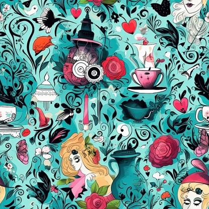 Abstract Alice in Wonderland Pattern 8 Quilting Cotton Fabric featuring whimsical illustrations, vibrant teal background, red roses, teacups, lanterns, hearts, and stylized characters. Artistic, fantasy-inspired design in quilting cotton textile, decorative fabric, colorful, detailed, imaginative print, cotton material for quilting and sewing projects.