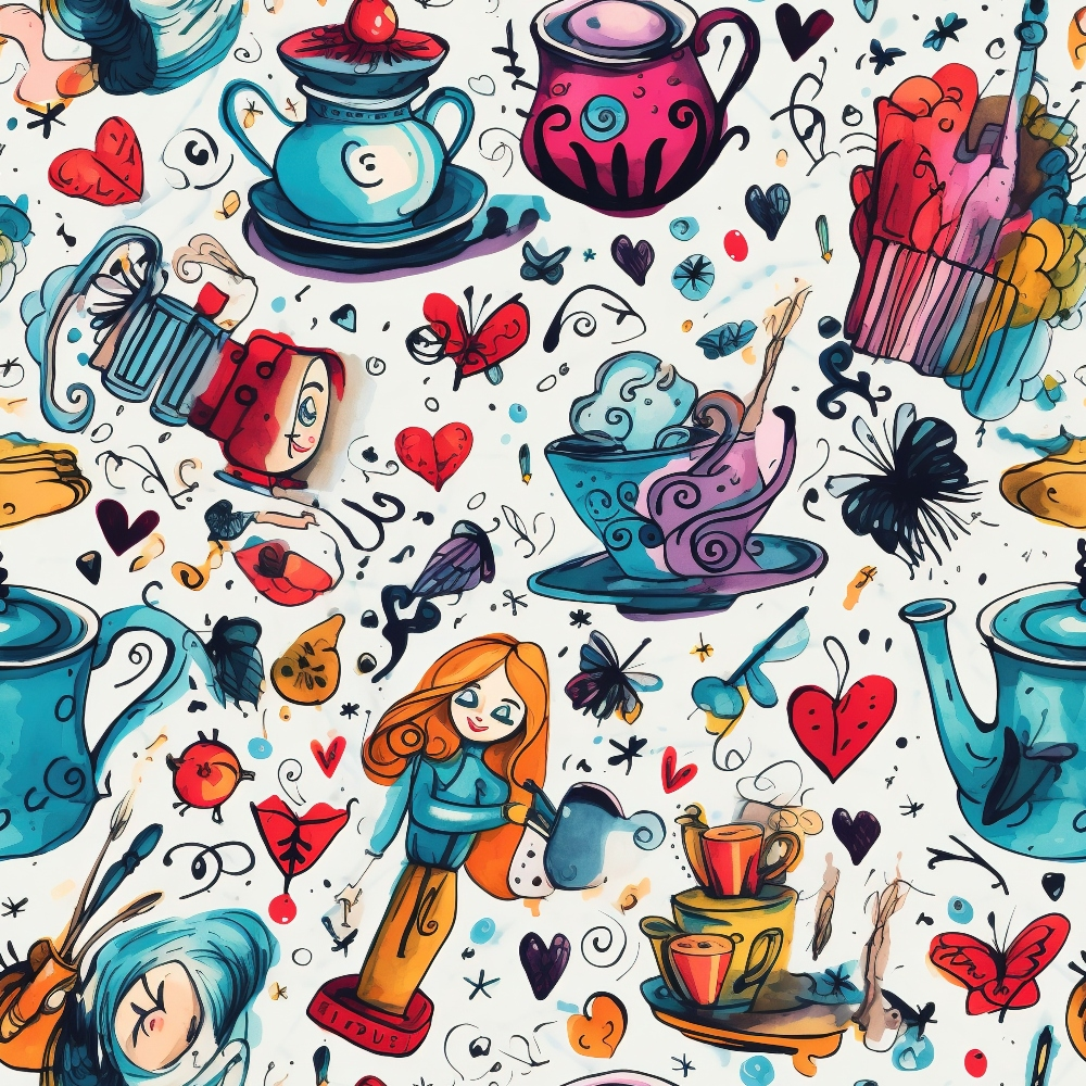 Abstract Alice in Wonderland Pattern 10 Quilting Cotton Fabric featuring whimsical characters, colorful tea pots, cups, hearts, butterflies, and playful illustrations in vibrant blue, red, purple, orange, and teal hues, artistic design, fantasy theme, quilting cotton material, yardage textile for crafting and sewing projects.