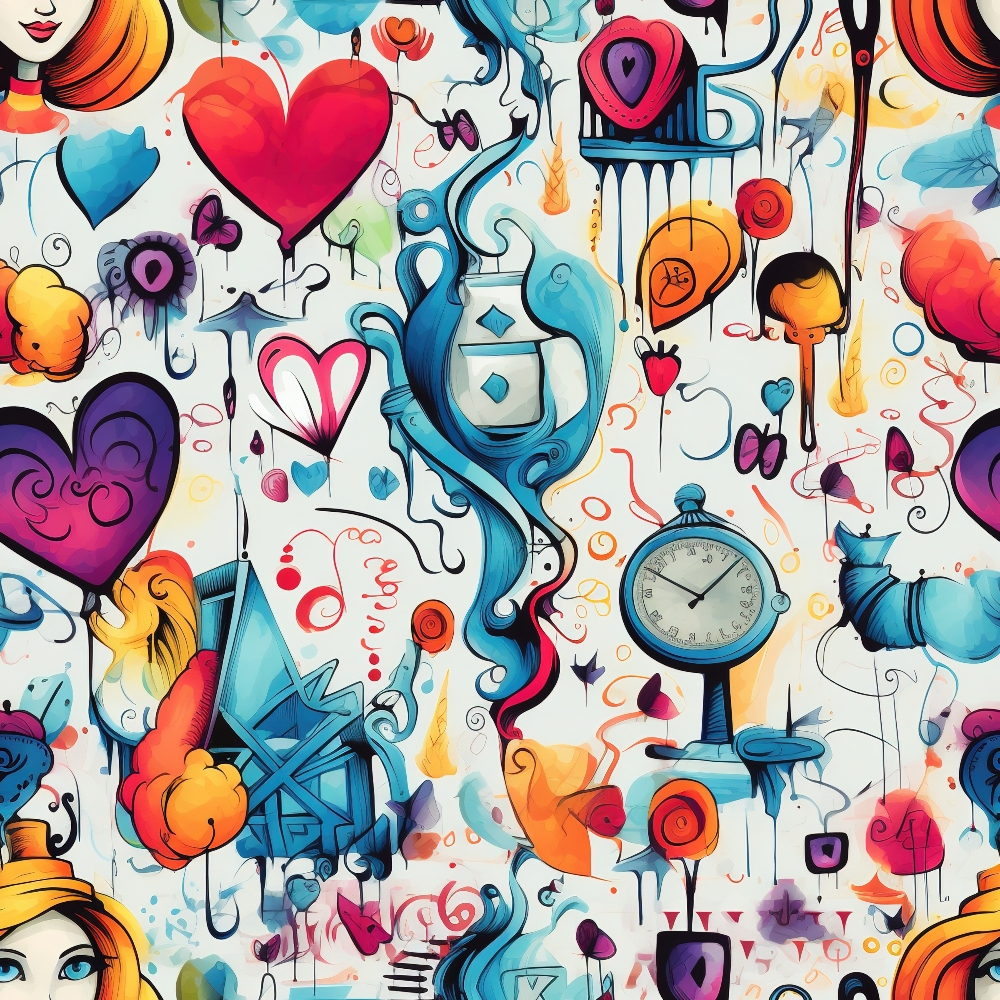 Abstract Alice in Wonderland Pattern 11 Quilting Cotton Fabric featuring vibrant multicolor hearts, whimsical teapots, clocks, and abstract shapes. Artistic, surreal, colorful design with shades of red, purple, blue, orange, and yellow. Dreamlike, stylized, imaginative textile print for quilting and crafting projects. Premium cotton fabric with a playful and creative pattern inspired by fantasy themes.