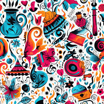 Abstract Alice in Wonderland Pattern 12 Quilting Cotton Fabric featuring whimsical illustrations, vibrant colors orange, pink, blue, black, white, fantasy elements, teapots, butterflies, hearts, flowers, swirls, artistic design, creative textile, quilting cotton, colorful fabric yardage.