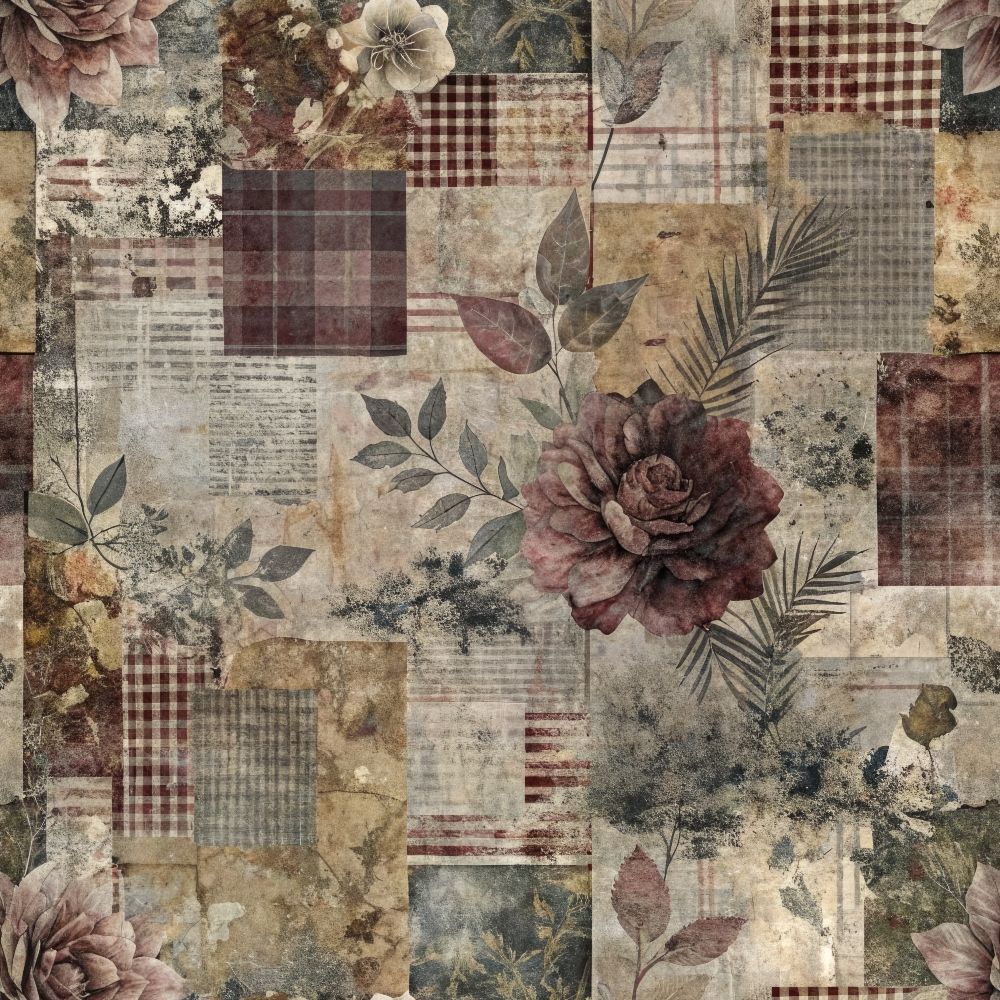 - Patched Memories Pattern 1 Quilting Cotton Fabric  
- Quilting fabric  
- Cotton material  
- Floral design  
- Rose motifs  
- Vintage style  
- Earth tones  
- Brown shades  
- Beige hues  
- Burgundy accents  
- Leaf patterns  
- Plaid patches  
- Checkered elements  
- Textured look  
- Rustic aesthetic  
- Botanical prints  
- Patchwork style