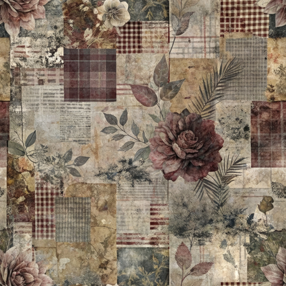 - Patched Memories Pattern 1 Quilting Cotton Fabric  
- Quilting fabric  
- Cotton material  
- Floral design  
- Rose motifs  
- Vintage style  
- Earth tones  
- Brown shades  
- Beige hues  
- Burgundy accents  
- Leaf patterns  
- Plaid patches  
- Checkered elements  
- Textured look  
- Rustic aesthetic  
- Botanical prints  
- Patchwork style