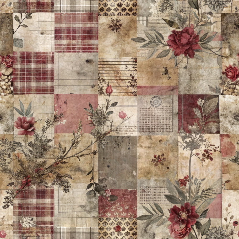 - Patched Memories Pattern 7 Quilting Cotton Fabric  
- Vintage style  
- Patchwork design  
- Floral motifs  
- Plaid accents  
- Red, beige, brown, muted green colors  
- Rustic, antique feel  
- Soft cotton quilting fabric  
- Mixed textures  
- Botanical elements  
- Elegant, cozy textile