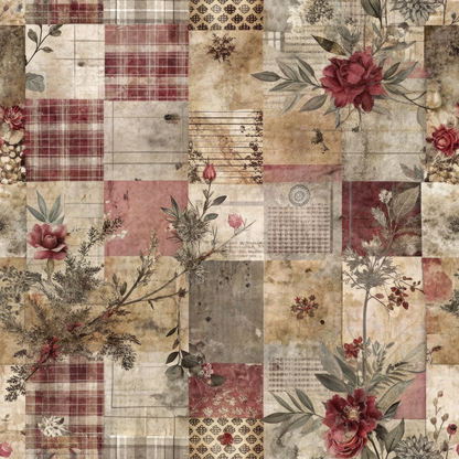 - Patched Memories Pattern 7 Quilting Cotton Fabric  
- Vintage style  
- Patchwork design  
- Floral motifs  
- Plaid accents  
- Red, beige, brown, muted green colors  
- Rustic, antique feel  
- Soft cotton quilting fabric  
- Mixed textures  
- Botanical elements  
- Elegant, cozy textile