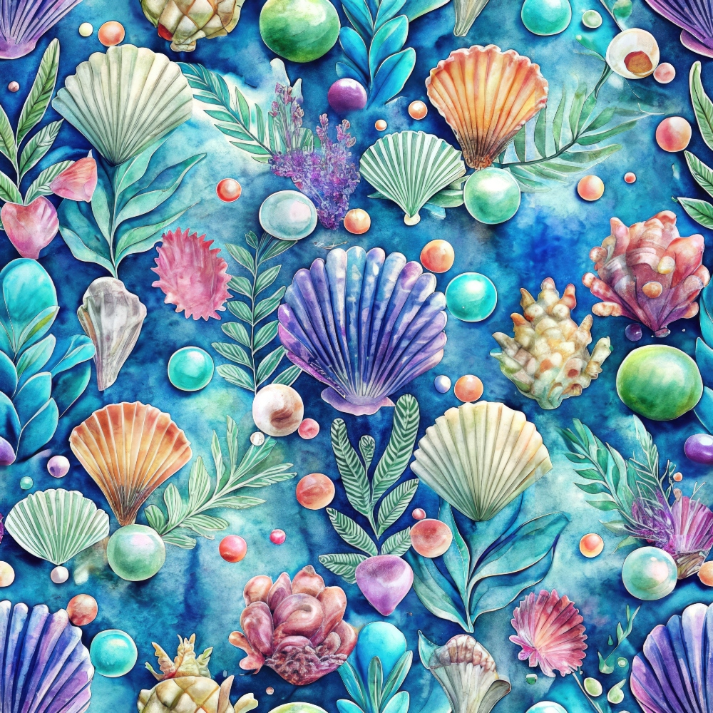 - Oceanic Opulence Pattern 6 Quilting Cotton Fabric  
- seashells  
- marine life  
- underwater  
- blue background  
- green leaves  
- coral pink  
- soft orange  
- pastel purple  
- quilting fabric  
- cotton textile  
- ocean-inspired  
- vibrant colors  
- decorative design  
- natural elements