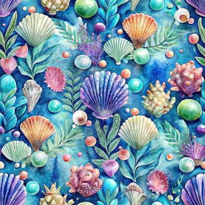 - Oceanic Opulence Pattern 6 Quilting Cotton Fabric  
- seashells  
- marine life  
- underwater  
- blue background  
- green leaves  
- coral pink  
- soft orange  
- pastel purple  
- quilting fabric  
- cotton textile  
- ocean-inspired  
- vibrant colors  
- decorative design  
- natural elements