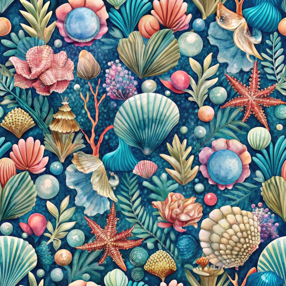 - Oceanic Opulence Pattern 11 Quilting Cotton Fabric  
- Marine theme  
- Seashells, starfish, coral  
- Blue, teal, coral, beige, peach  
- Nautical, sea life, underwater  
- Decorative, tropical, nature-inspired  
- Quilting fabric, cotton textile  
- Artistic, vibrant, detailed design