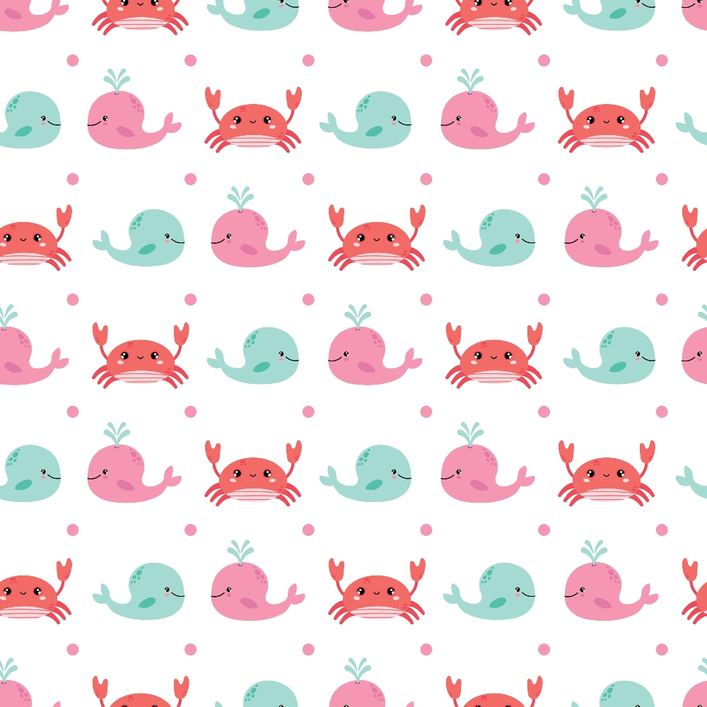 - Beach Vacation Pattern 8 Quilting Cotton Fabric - pastel colors - pink, coral, mint green - marine life motifs - crabs, whales - playful, cute, whimsical - seamless design - soft, cotton textile - sewing, quilting material