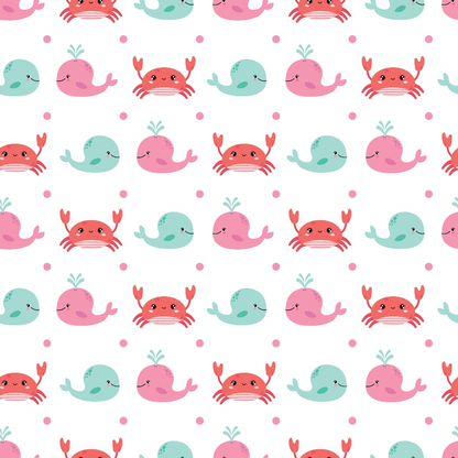 - Beach Vacation Pattern 8 Quilting Cotton Fabric - pastel colors - pink, coral, mint green - marine life motifs - crabs, whales - playful, cute, whimsical - seamless design - soft, cotton textile - sewing, quilting material