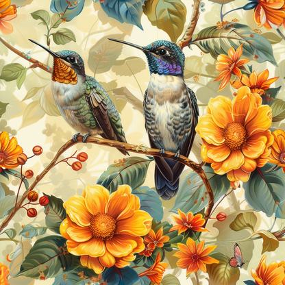 - Hummingbirds in Spring Pattern 4 Quilting Cotton Fabric  
- Colorful hummingbirds, detailed feathers  
- Yellow and orange flowers, lush green leaves  
- Botanical, nature-inspired, floral design  
- Quilting, cotton textile, spring motif  
- Soft beige background, vibrant garden theme