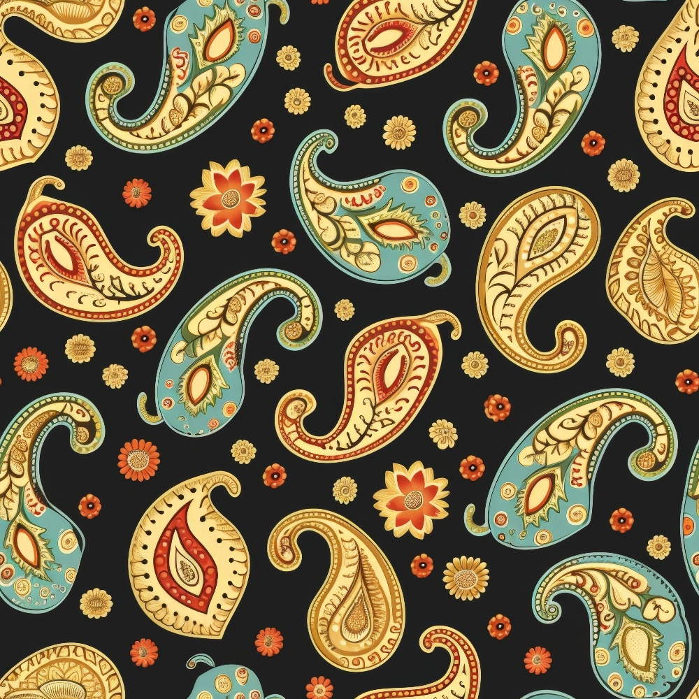 - Boho Floral Paisley Pattern 8 Quilting Cotton Fabric  
- paisley motifs  
- floral elements  
- teal, red, gold, beige colors  
- black background  
- ornamental design  
- cotton quilting textile  
- decorative yardage  
- vintage bohemian style  
- sewing material  
- craft fabric  
- retro paisley shapes  
- autumn tones  
- warm color palette