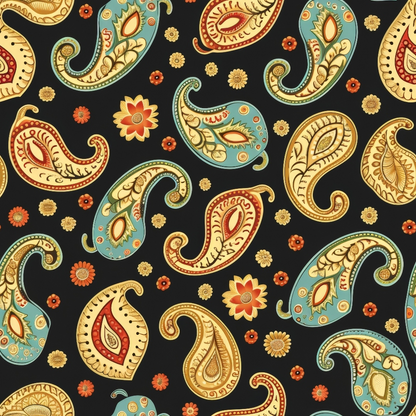 - Boho Floral Paisley Pattern 8 Quilting Cotton Fabric  
- paisley motifs  
- floral elements  
- teal, red, gold, beige colors  
- black background  
- ornamental design  
- cotton quilting textile  
- decorative yardage  
- vintage bohemian style  
- sewing material  
- craft fabric  
- retro paisley shapes  
- autumn tones  
- warm color palette