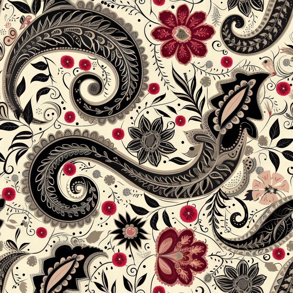 - Boho Floral Paisley Pattern 12 Quilting Cotton Fabric  
- beige background  
- black paisley swirls  
- red flowers  
- grey floral accents  
- vintage style  
- intricate leaf designs  
- elegant quilting cotton  
- ornamental textile  
- decorative botanical elements  
- soft natural colors