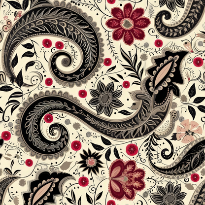 - Boho Floral Paisley Pattern 12 Quilting Cotton Fabric  
- beige background  
- black paisley swirls  
- red flowers  
- grey floral accents  
- vintage style  
- intricate leaf designs  
- elegant quilting cotton  
- ornamental textile  
- decorative botanical elements  
- soft natural colors