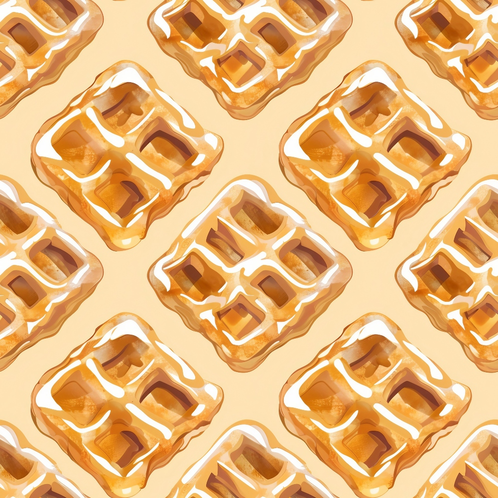 golden brown, cream, amber, waffle pattern, breakfast food, repeating design, square grid, syrup drizzle, warm tones, food motif, kitchen theme, geometric squares, quilting cotton, fabric panel, cozy aesthetic, morning vibes, textured illustration, culinary design, comfort food, golden hues