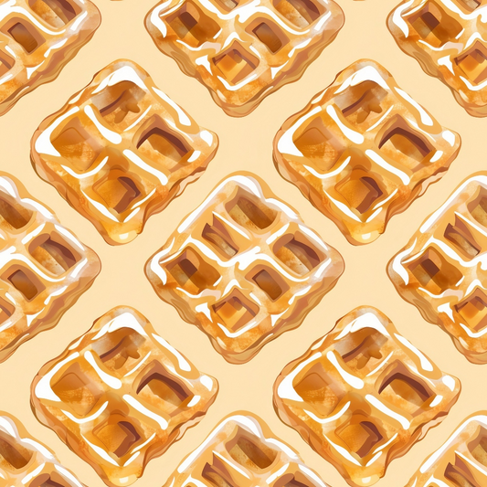 golden brown, cream, amber, waffle pattern, breakfast food, repeating design, square grid, syrup drizzle, warm tones, food motif, kitchen theme, geometric squares, quilting cotton, fabric panel, cozy aesthetic, morning vibes, textured illustration, culinary design, comfort food, golden hues