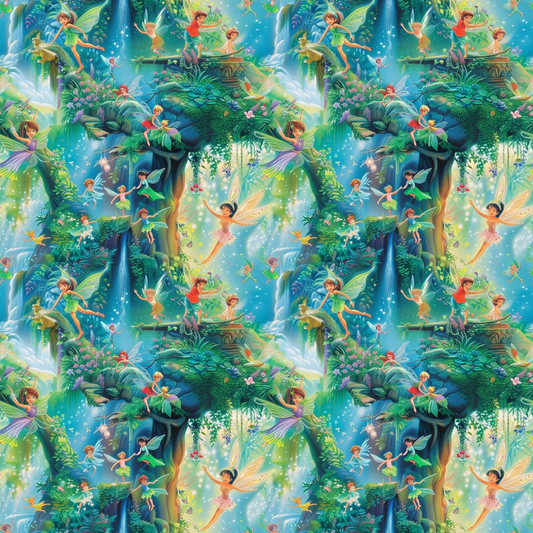 Illustration features animated fairies with wings in a lush, vibrant forest with trees, waterfalls, and sparkling light. The scene repeats in a seamless pattern, with fairies in various poses surrounded by flowers and greenery.
